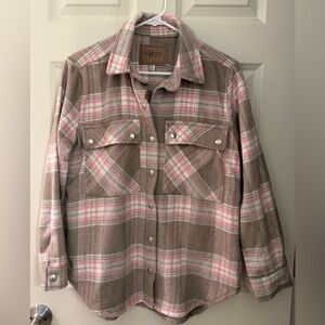 BlankNYC Cozy Oversized Plaid Shacket, Brown/Gray and Pink, XS